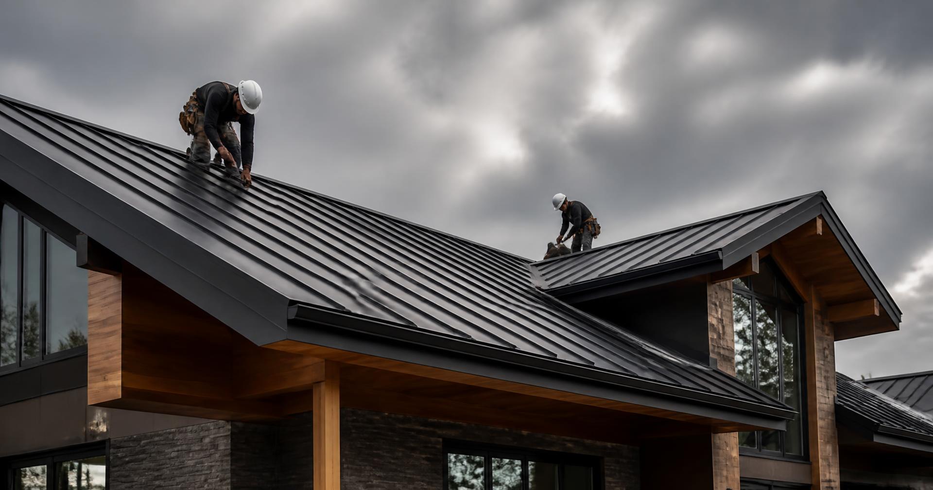 Roofers installing a dark standing-seam metal roof in Ghana